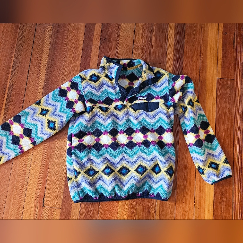 Patagonia Synchilla Aztec Print Yellow Turquoise Pullover Fleece Size M Womens